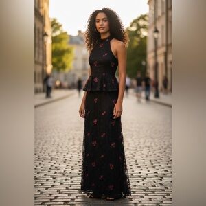 ML Monique Lhuillier Black Lace Maxi Dress with Embroidery Red Roses size 8